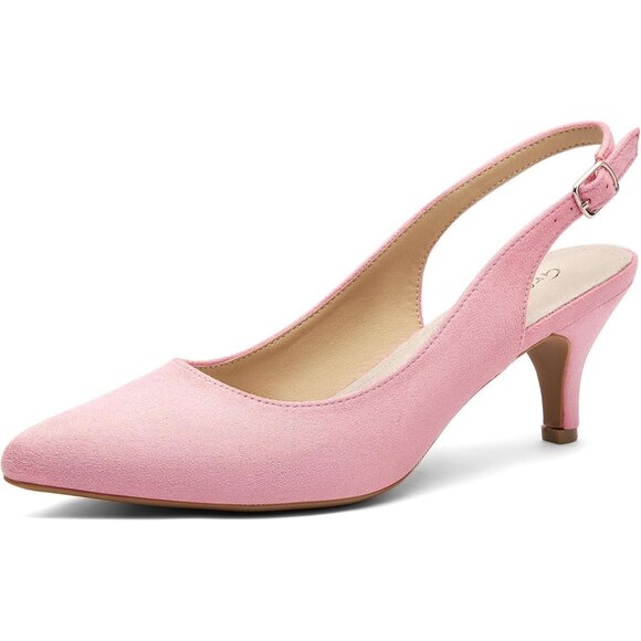 Women’s Pink Suede Closed Pointed Toe Kitten Heels Slingback Pumps Shoes - Picture 1 of 5
